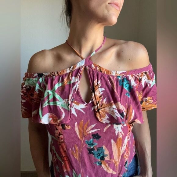 Express Floral Top Off Shoulder Tropical Ruffle Pink Purple Hawaiian - Picture 1 of 12